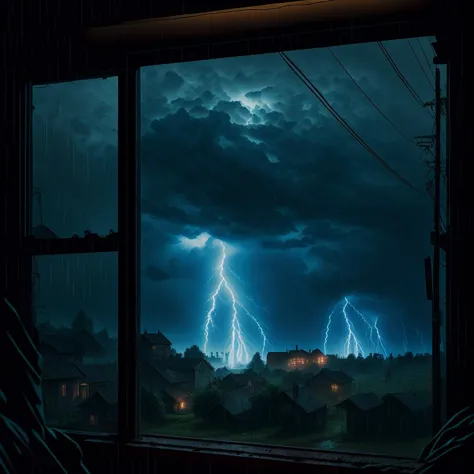 looking through a window, huge thunderstorm outside, night, rural cyberpunk area