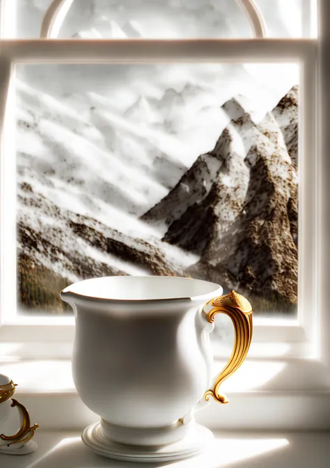 (ceramic white and (gold)--- cup)1.6,(steam)-, (window of mountains (blurry)-- background)1.5, beautiful lighting, extremely det...