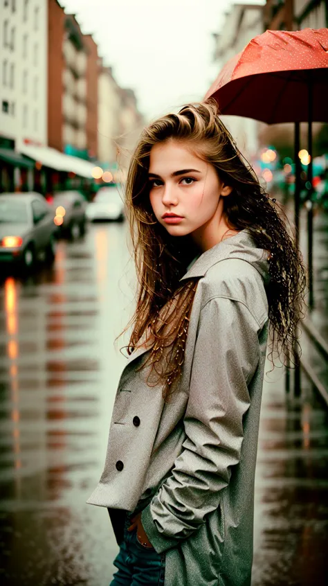 (photo)++ of a stern self-assured pretty teen in the rain, wet hair, city streets background, skin pores, wide angle 20mm f/11 o...