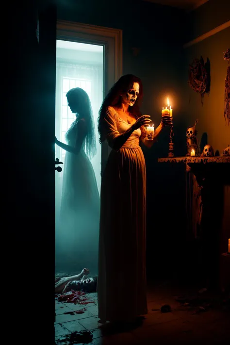 A woman is trapped in a haunted house with a murderous ghost. She is wearing a white nightgown and holding a candle,and she has ...