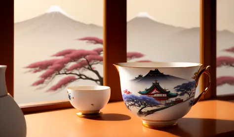 (speed painting)+ of a Japanese tea cup , inside of Japanese home in the background , fantasy,highly detailed, digital painting,...