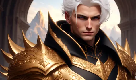 male paladin wearing ((black and gold):1.4 armor) ,(white hair):1.2, (mountains in the background)1.6, fantasy,highly detailed, ...