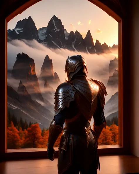 a close up photo)0.7 of a man wearing black armor,window with a mountain outside during dawn, beautiful lighting, sidelighting,e...