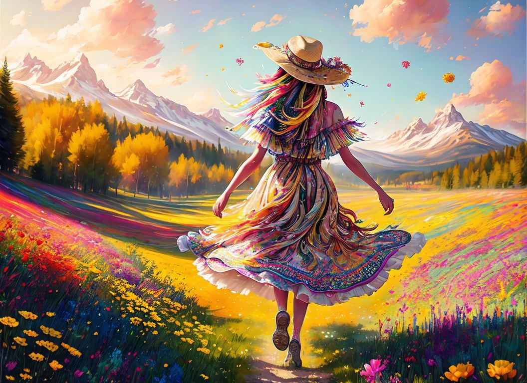 Style-Paintmagic Pastellgemälde eines Cottagecore-Latina-Mädchens, das auf einer wunderschönen Wiese hüpft, UHD, Fachmann, warmes Licht, gemütlich, angenehm, lebendige Farben, hat, abgewandt, Blumen