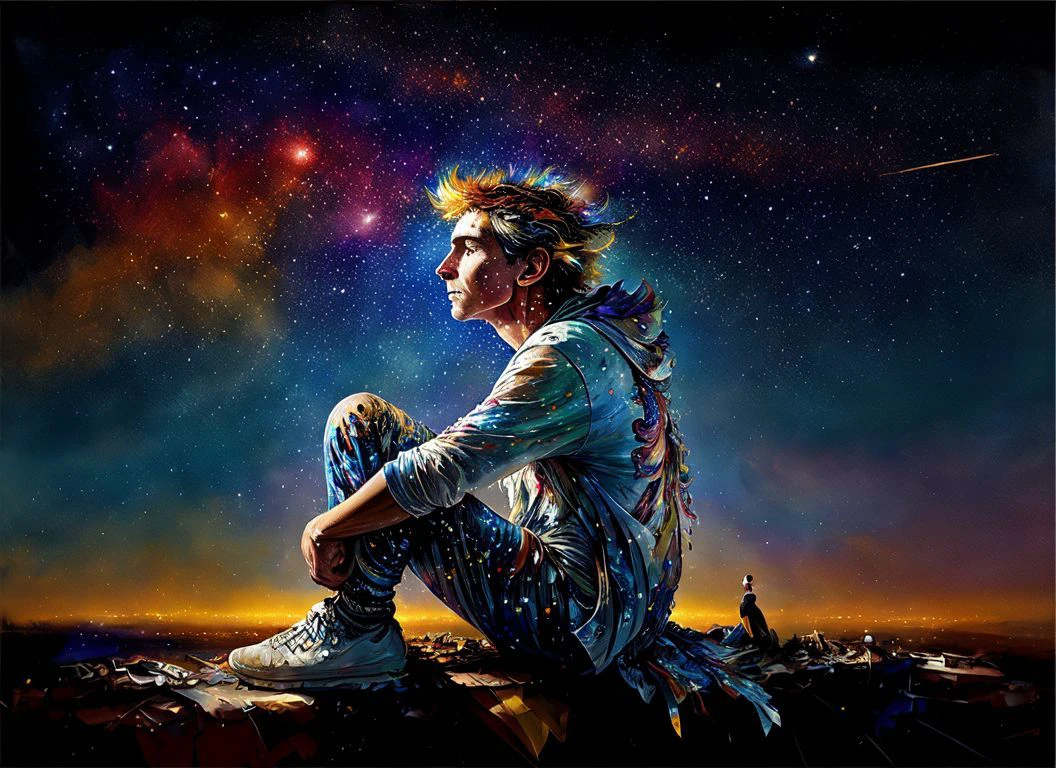 style-paintmagic impressionistisches Speed Painting eines Jungen, der sitzt und voller Ehrfurcht in einen atemberaubenden Nachthimmel blickt, nach Feierabend, gedimmtes Licht, Sterne