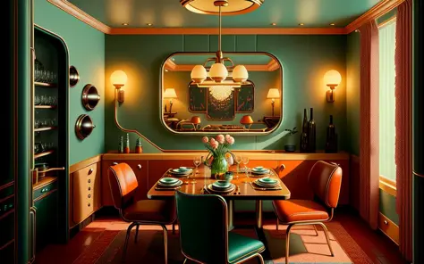 photo of a cozy retrofuturistic dining room, interior design