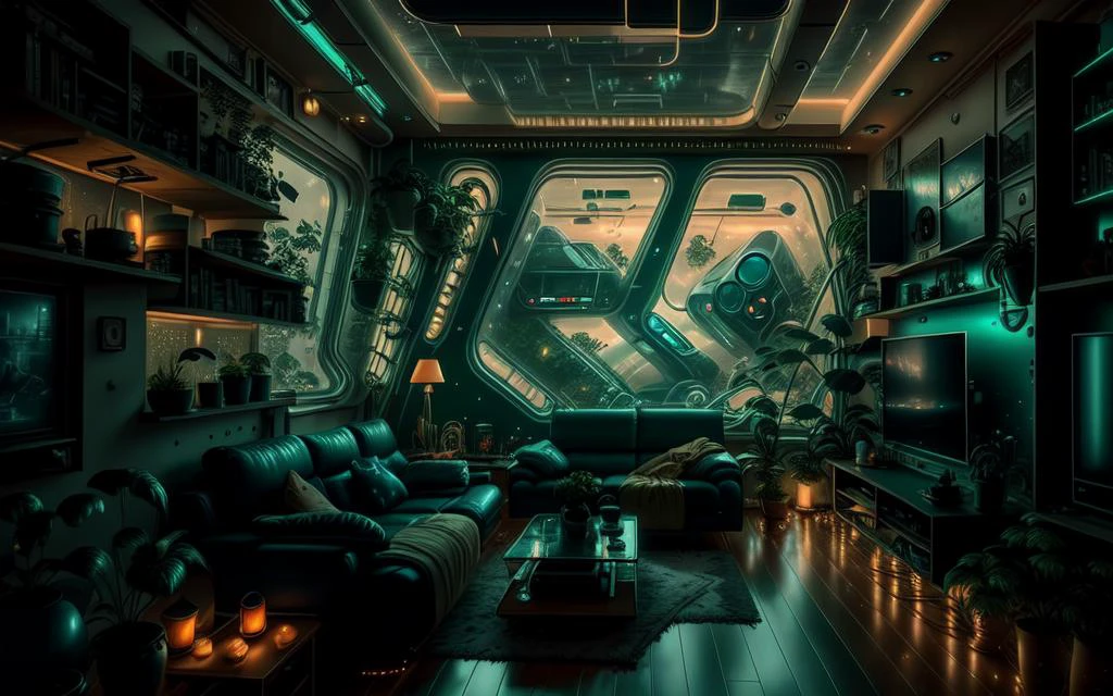 foto de uma aconchegante sala de estar futurista, Luz baixa, depois de horas