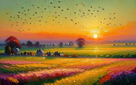 oil drybrush painting of a cozy grand green field in the sunrise, glistening dew, vivid colors, birds, warm