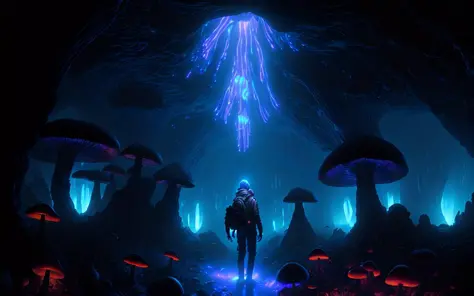 cinematic digital painting wallpaper of a lone futuristic explorer+ standing in an epic dark cave filled with glowing otherworldly mushrooms, magical, (volumetric lighting)++, (light filtering through fog)++, HDR++, (soft focus)+++, (character focus)+