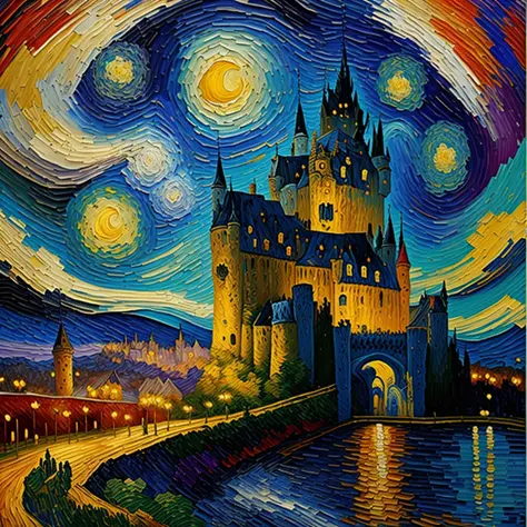 In a Van Gogh-inspired oil painting, the castle's swirling, vivid colors breathed life into its towering walls. Expressionist br...