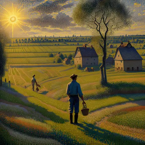 In a Neo-Impressionist scene by Camille Pissarro, a sun-soaked farmer toils tirelessly in a vibrant field. The rustic landscape ...