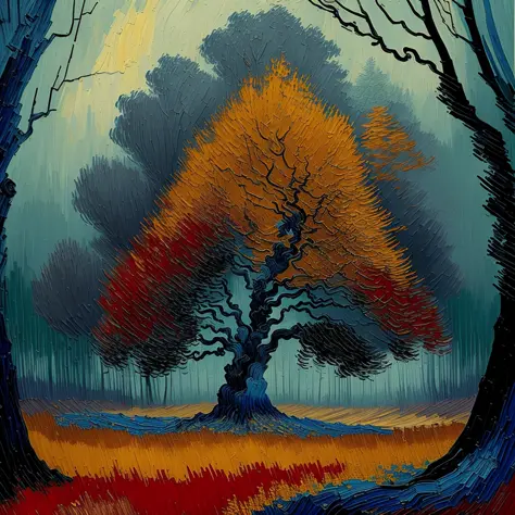 A solitary tree stands amidst a misty forest, its branches reaching out like bony fingers. In the style of Vincent van Gogh, the...