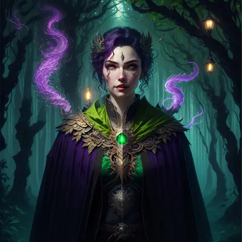 dark witch, adventurer costume, big cloak, fantasy forest landscape, dragon scales, fantasy magic, trimmed hairstyle, short purp...