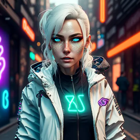 hyper realistic,  cyberpunk ((white female)), techwear jacket, acronym jacket, epic perspective, (Neon illumination), stunning d...