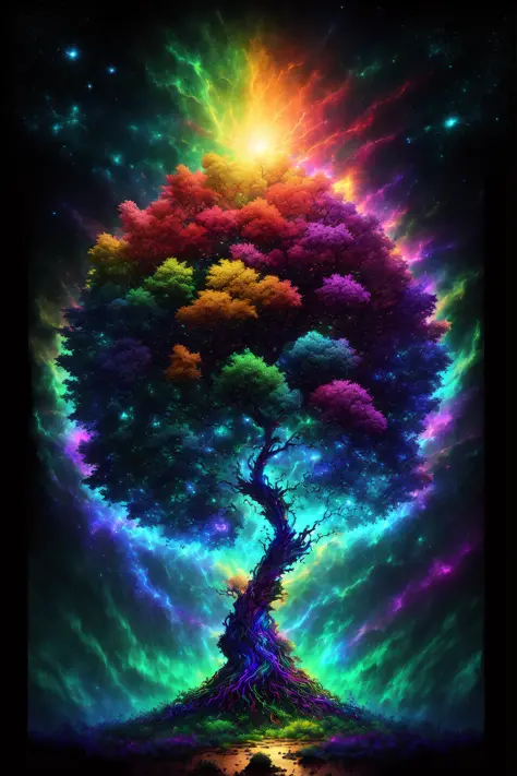 Masterpiece, 
The birth of Creation, a leafy Tree with energetic and colorful streams of light in an epic galactic sky, with pro...