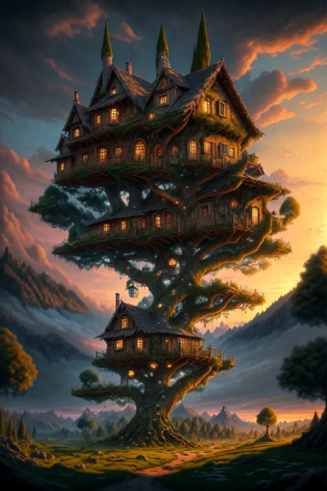 valley, fairytale treehouse village covered,, matte painting, highly detailed, dynamic lighting, cinematic, realism, realistic, ...