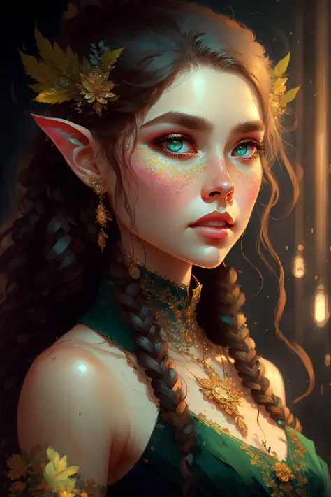 Masterpiece, 
portrait of female elf, intricate, elegant, highly detailed, digital painting, artstation, concept art, smooth, sh...