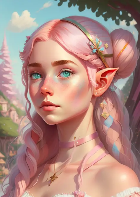 digital painting portrait of a whimsical pretty elf girl with pink hair