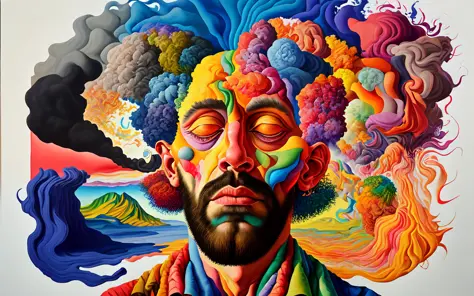 surreal gouache portrait painting of a man opening the fabric of creation, vivid colors