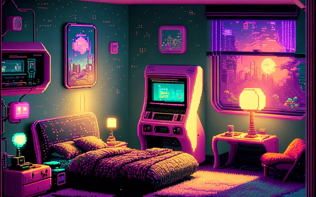 Foto eines gemütlichen, gehobenen Atari-Neo-Gameboy-Futurismus-Schlafzimmers
