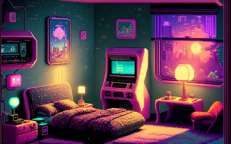 photo of a cozy upscale Atari-64 neo-gameboy futurism bedroom