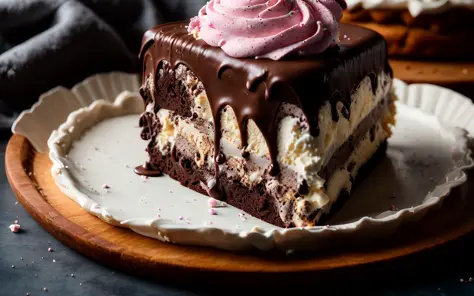 closeup photo of a large gourmet layered snozboffle chocolate ice cream chocolate chip cookie birthday cake covered in frosting,...