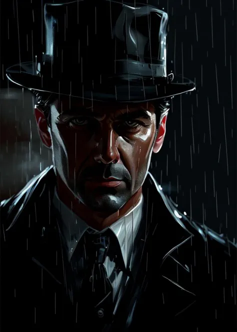 (speed painting)+ portrait of a detective in the rain, after hours, dark, raining, film noir, wallpaper, UHD, professional