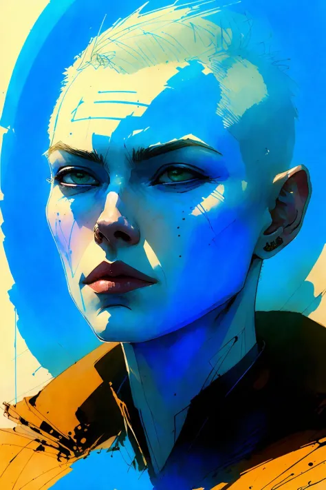 portrait of 1 woman, pale skin, blue short hair, blue lips,   perspective,  long hair,
(ink sketch  by Enki Bilal)
high contrast...