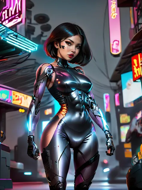 comic book art of cyberpunk style 2077_Style a toned body cyborg lady with dark short straight hair, bare shoulders, bodysuit, n...