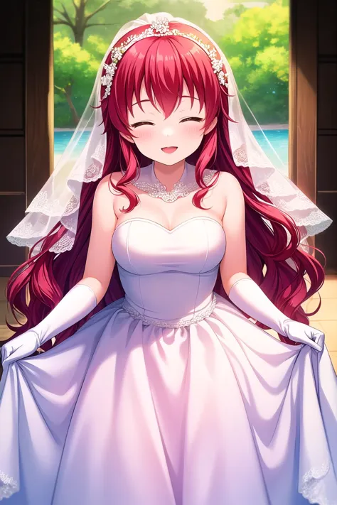 (masterpiece, best quality), highly detailed background, perfect lightingbest quality, yatsukayukie, solo, outdoors, bridal veil, red hair, hair between eyes, wavy hair, very long hair, closed eyes, medium breasts, wedding dress, white dress, white gloves, frilled skirt, smile, open mouth, ^o^, pink lips, <lora:Yatsuka-Yukie:0.7>