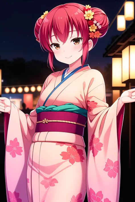 (masterpiece, best quality), highly detailed background, perfect lightingbest quality, yatsukayukie, solo, outdoors, night, summer festival, red hair, double bun, hair between eyes, short hair, brown eyes, small breasts, red kimono, floral print, japanese clothes, smile, closed mouth, :), pink lips, <lora:Yatsuka-Yukie:0.7>