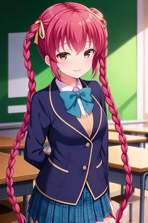 anime girl with long pink hair in school uniform standing in front of desk