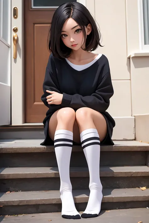 (masterpiece, best quality), 1girl,  <lora:striped_tube_socks:1> socks, sitting,