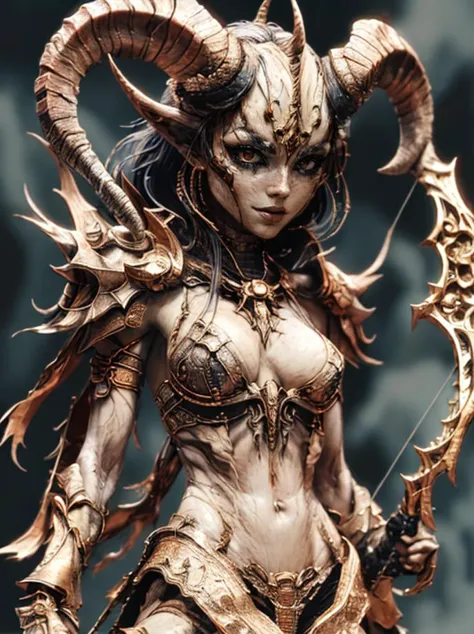 a female <lora:RPGLeraie:0.7> leraie  ready for battle in the middle of the steppes, 1girl, solo, bikini top, upper body, horns, armor, blurry, grey skin, (red eyes), spine, bones, no humans, bow (weapon), ((looking at viewer)), realistic:1.1, depth of fie...