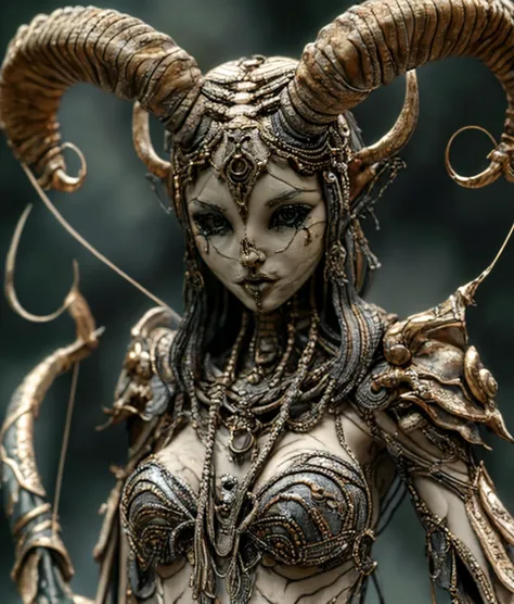 a close up of a statue of a woman with horns and a snake