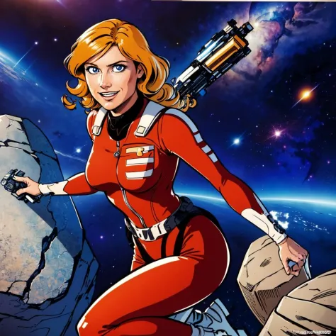 upper body, a woman jumping from a rock in space holding a gun, dynamic pose,  daylight<lora:Joan LandorLoRA:1>joan, blonde, hai...