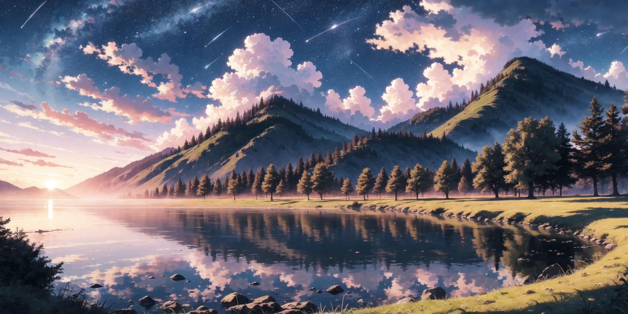 ultra-detailliert,Meisterwerk,beste Qualität,extrem detailliert,scharfer Fokus,Porträt,Illustration,
Ist, Himmel, Wolke, keine Menschen, Landschaft, Betrachtung, Comic, Wolkey Himmel,draußen, Sonnenuntergang, lakeï¼Above the Wolkes, beautiful Landschaft, Sternschnuppen ziehen über