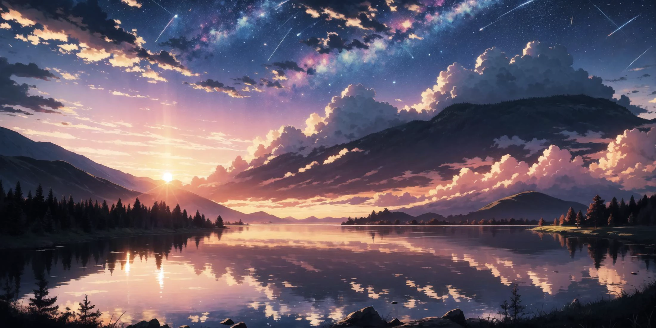 ultra-detailed,masterpiece,best quality,extremely detailed,sharp focus,portrait,illustration,
yw, sky, cloud, no humans, scenery, reflection, comic, cloudy sky,outdoors, sunset, lakeï¼Above the clouds, beautiful scenery, shooting stars streaking across