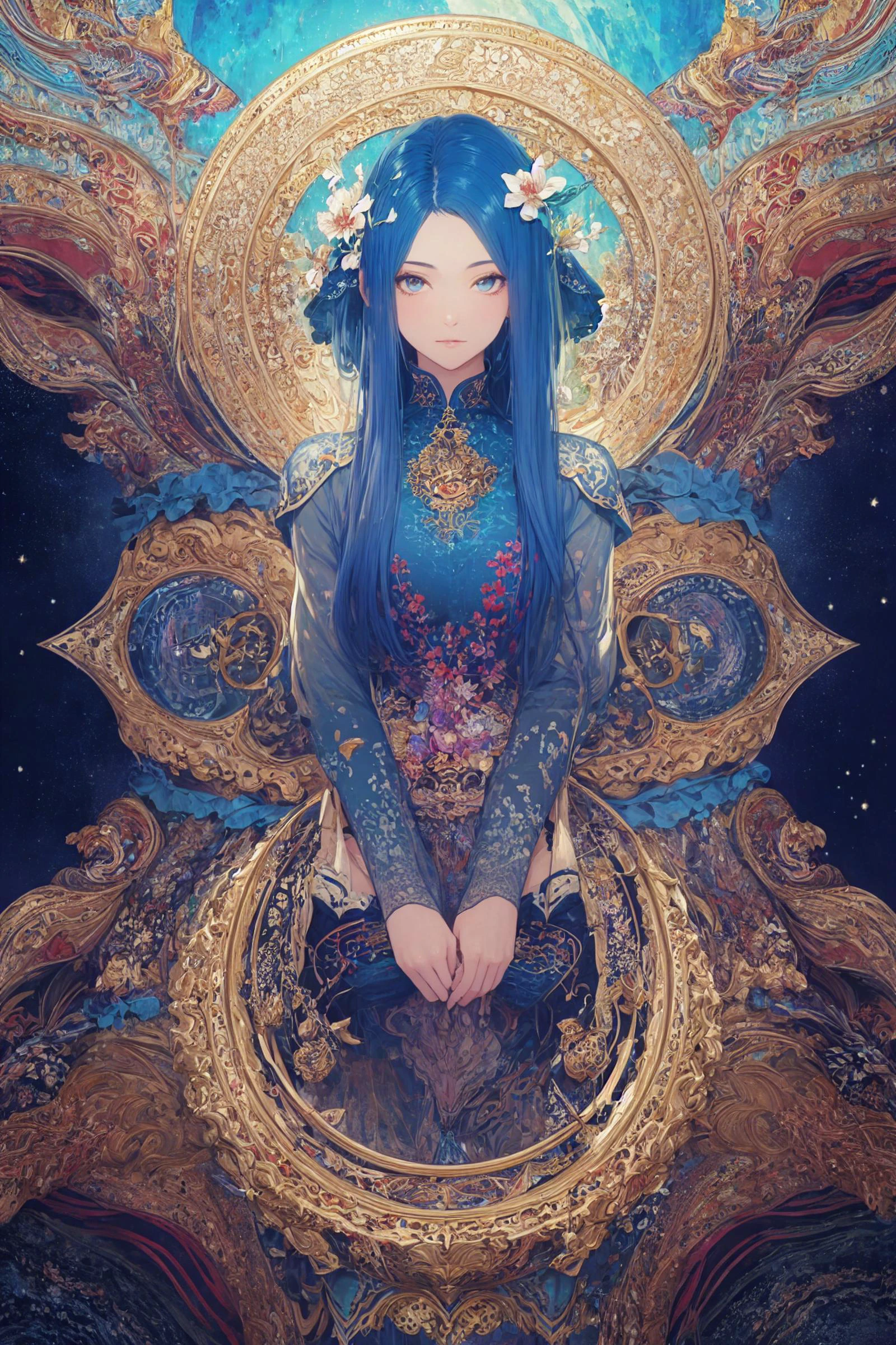 (masterpiece, top quality, best quality, official art, beautiful and aesthetic:1.20), very detailed, (fractal art), colorful, most Detailed, (abstract background:1.50), (1girl), hair decoration, goddess of the moon, china dress, flower circle, milky way, dream, whimsical fantasy, beautiful detailed sky, art nouveau, symmetrical, optical illusions, lobelia, blue hair, long hair,