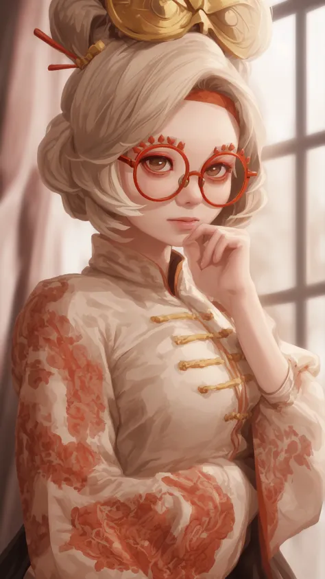 (masterpiece, best quality),<lora:purah:0.8>,purah,hair ornament,red-framed eyewear,hair stick,round eyewear,hair bun,