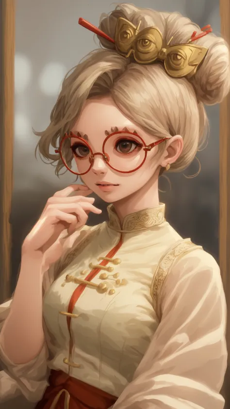 (masterpiece, best quality),<lora:purah:0.8>,purah,hair ornament,red-framed eyewear,hair stick,round eyewear,hair bun,