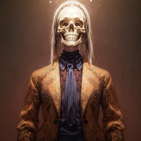 ,skeleton man wearing (business suit:1.3), golden skull, gold,space background,(business suit:1.3), gold,shiny,, official art,fi...