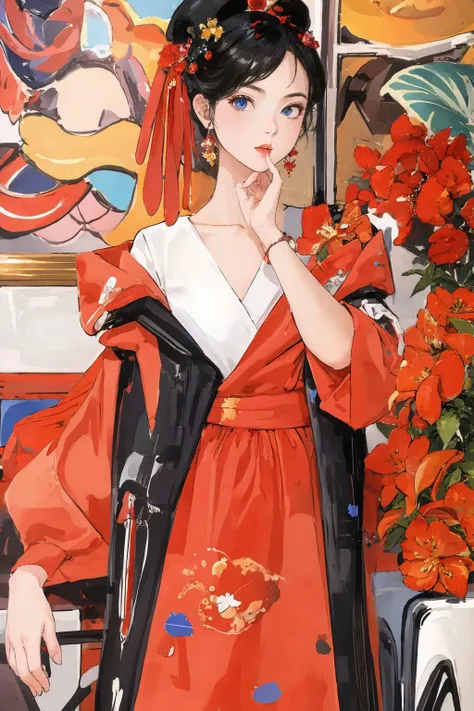 anime girl in a red kimono dress with a black and white jacket