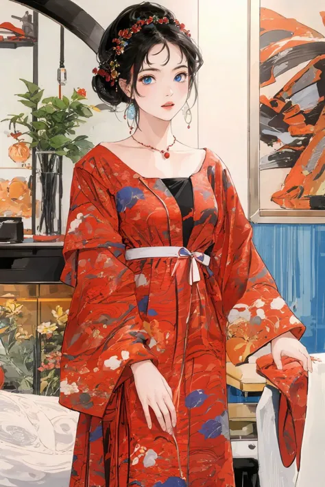 a close up of a woman in a red kimono dress