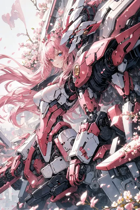 a close up of a robot with pink hair and a pink dress