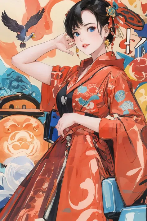 anime girl in kimono outfit with bird and sun in background