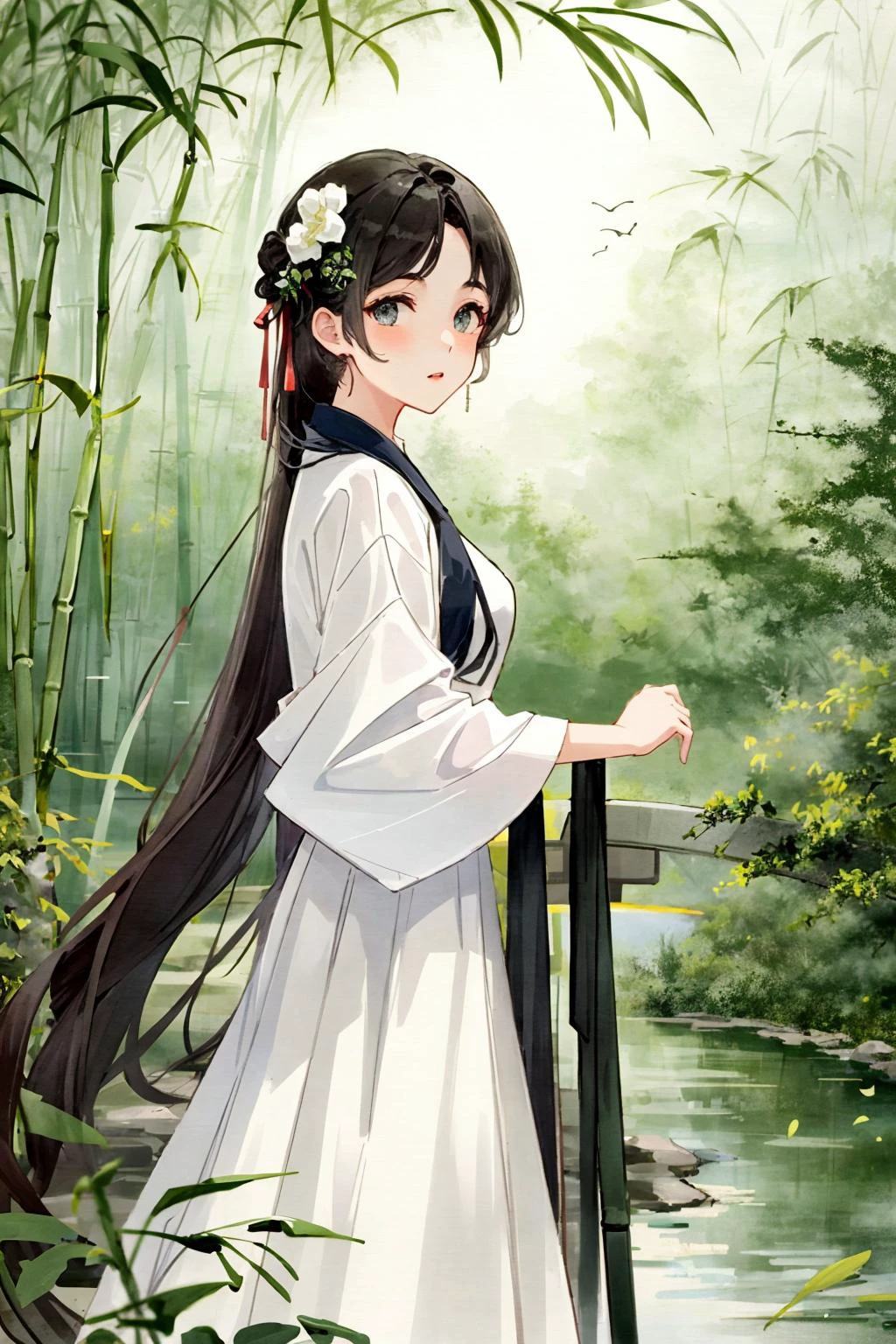 menina de 13 anos,camisa branca,Beleza,  (árvores:0.5), (Flores:0.6) ,(pássaros:0.2), (bambu0.1), lagos, Hangzhou,Olhando para o visualizador,