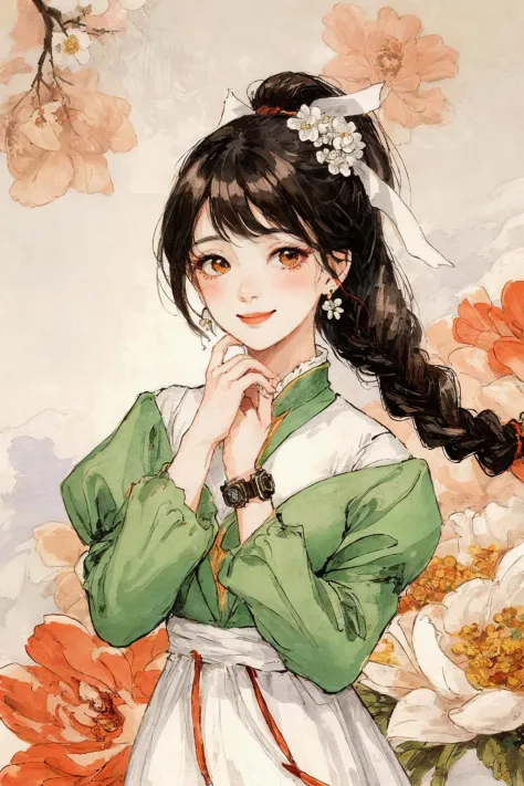 1girl, solo, braid, jewelry, blush, earrings, flower, bangs, floral print, looking at viewer, smile, long hair, long sleeves, fl...