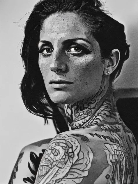 a black and white photo of a woman with tattoos on her body