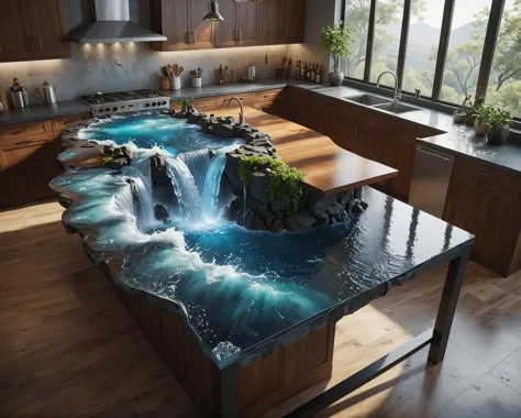 a kitchen island with a waterfall in the middle of it, an exquisite 3 d map, trending on artstatioin, flowing realistic fabric, ...
